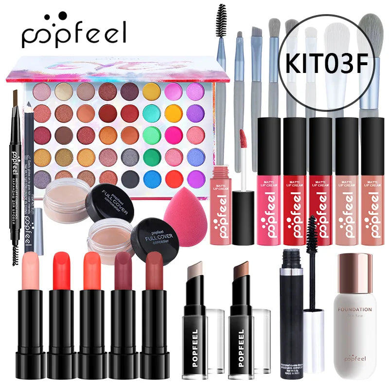 POPFEEL Lip Gloss Makeup Brush Eye Shadow Blush Liquid Foundation Puff Cosmetic Bag Eyebrow Pencil Make Up Kit