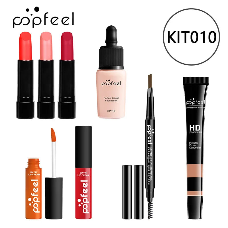 POPFEEL Lip Gloss Makeup Brush Eye Shadow Blush Liquid Foundation Puff Cosmetic Bag Eyebrow Pencil Make Up Kit