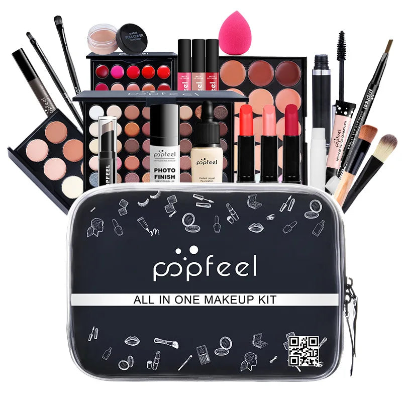 POPFEEL Lip Gloss Makeup Brush Eye Shadow Blush Liquid Foundation Puff Cosmetic Bag Eyebrow Pencil Make Up Kit