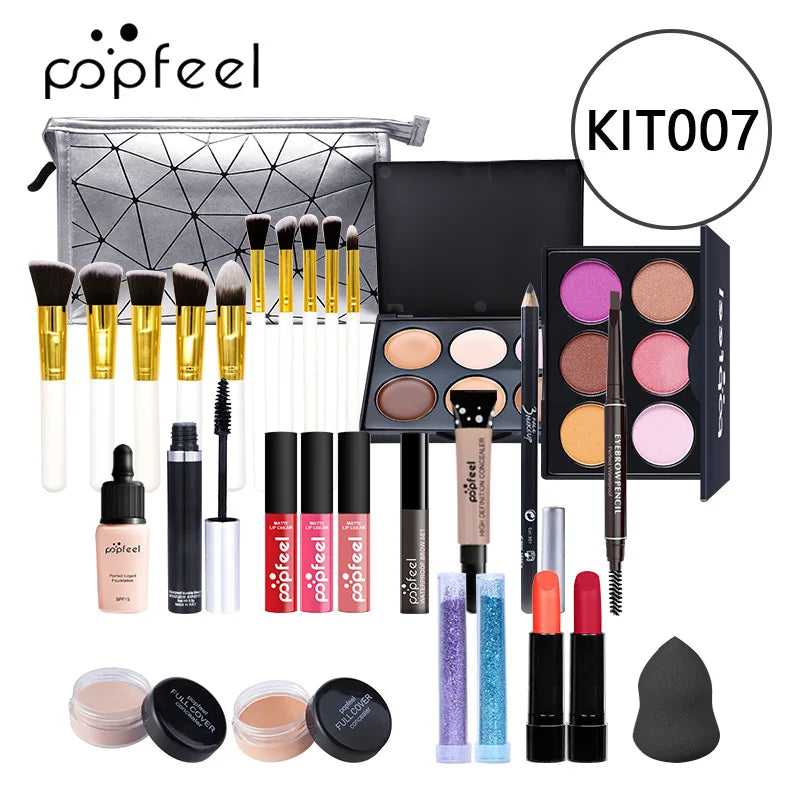 POPFEEL Lip Gloss Makeup Brush Eye Shadow Blush Liquid Foundation Puff Cosmetic Bag Eyebrow Pencil Make Up Kit