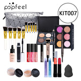 POPFEEL Lip Gloss Makeup Brush Eye Shadow Blush Liquid Foundation Puff Cosmetic Bag Eyebrow Pencil Make Up Kit