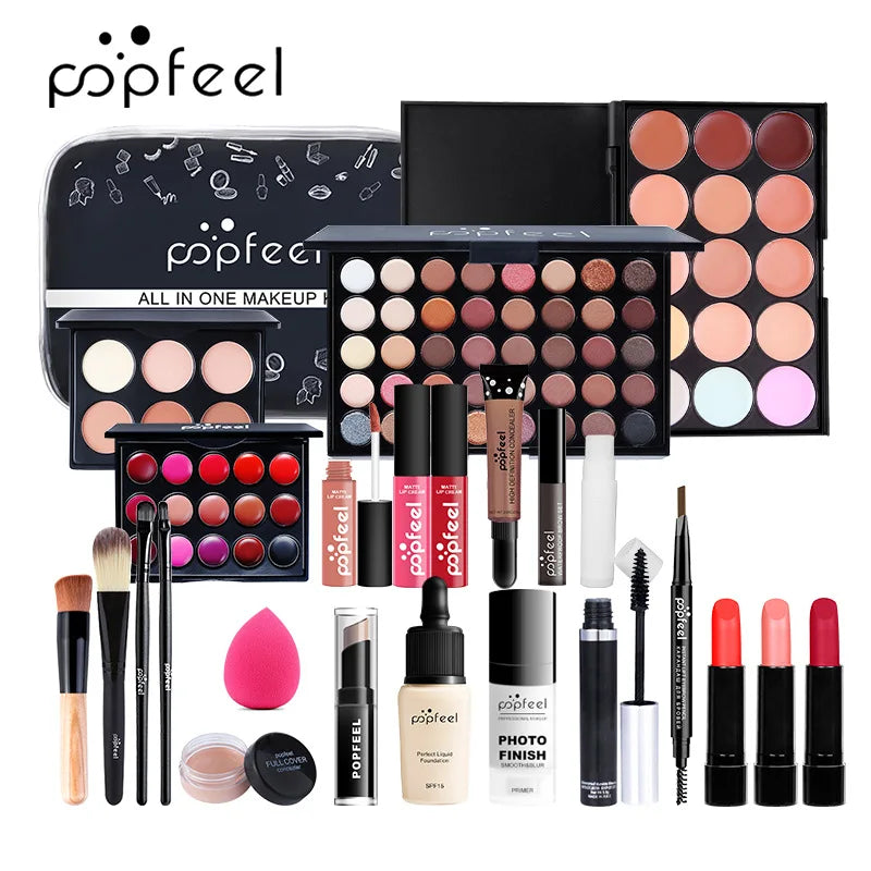 POPFEEL Lip Gloss Makeup Brush Eye Shadow Blush Liquid Foundation Puff Cosmetic Bag Eyebrow Pencil Make Up Kit