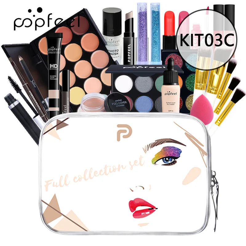 POPFEEL Lip Gloss Makeup Brush Eye Shadow Blush Liquid Foundation Puff Cosmetic Bag Eyebrow Pencil Make Up Kit