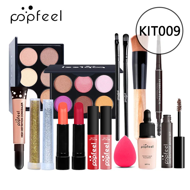 POPFEEL Lip Gloss Makeup Brush Eye Shadow Blush Liquid Foundation Puff Cosmetic Bag Eyebrow Pencil Make Up Kit