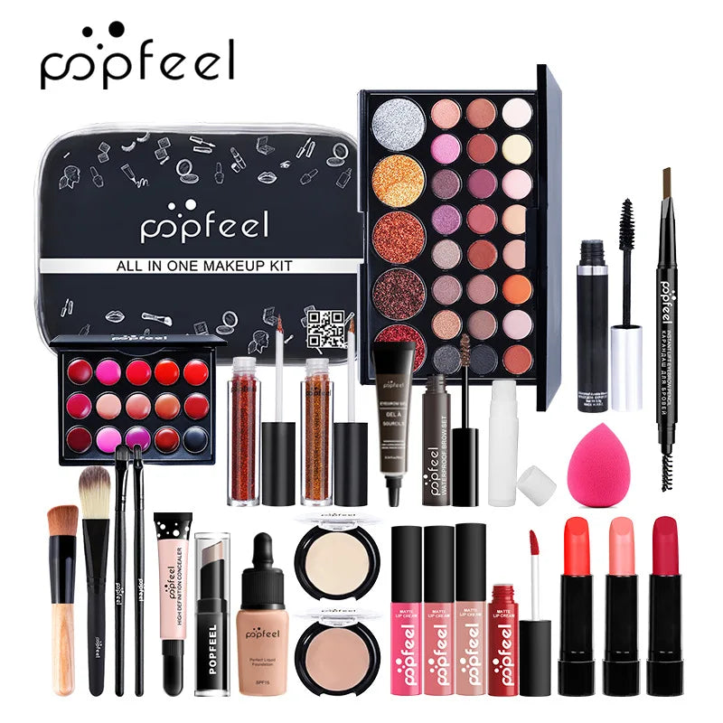 POPFEEL Lip Gloss Makeup Brush Eye Shadow Blush Liquid Foundation Puff Cosmetic Bag Eyebrow Pencil Make Up Kit