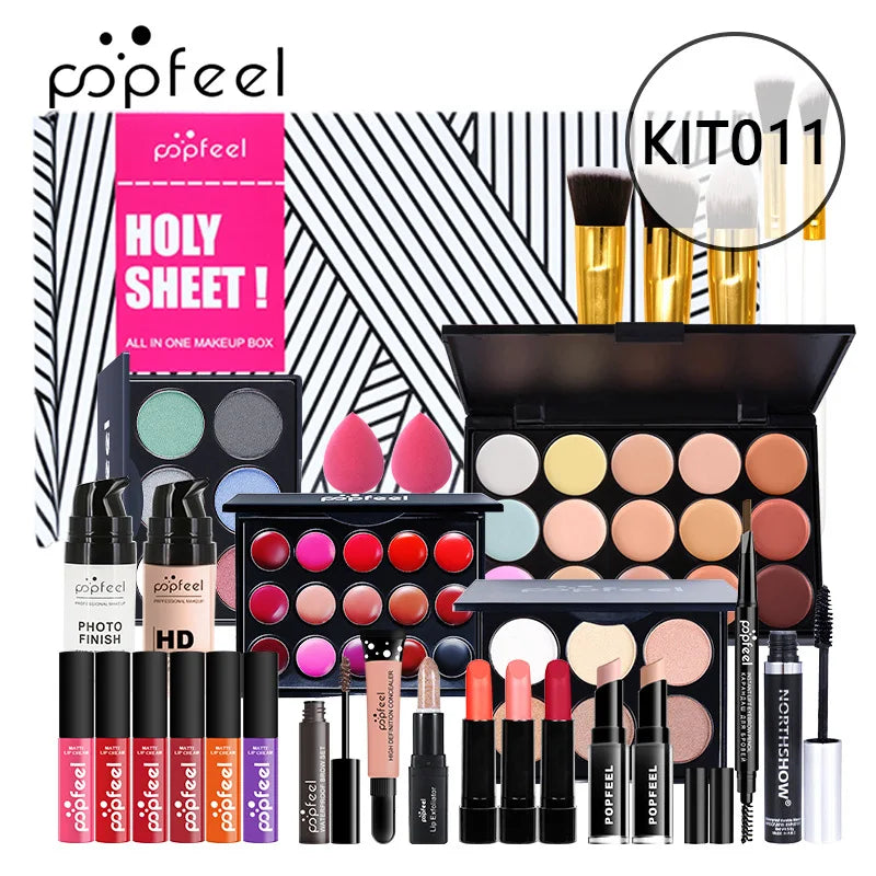 POPFEEL Lip Gloss Makeup Brush Eye Shadow Blush Liquid Foundation Puff Cosmetic Bag Eyebrow Pencil Make Up Kit