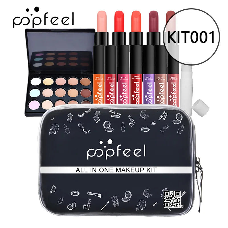 POPFEEL Lip Gloss Makeup Brush Eye Shadow Blush Liquid Foundation Puff Cosmetic Bag Eyebrow Pencil Make Up Kit