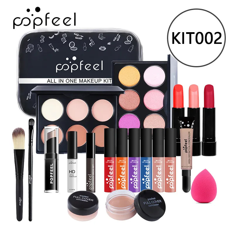 POPFEEL Lip Gloss Makeup Brush Eye Shadow Blush Liquid Foundation Puff Cosmetic Bag Eyebrow Pencil Make Up Kit