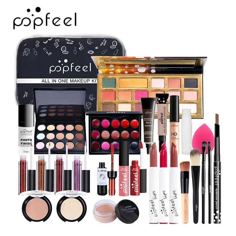 POPFEEL Lip Gloss Makeup Brush Eye Shadow Blush Liquid Foundation Puff Cosmetic Bag Eyebrow Pencil Make Up Kit