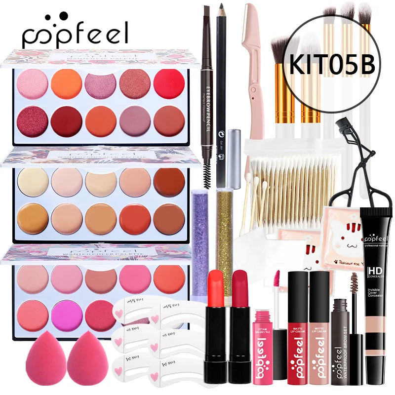 POPFEEL Lip Gloss Makeup Brush Eye Shadow Blush Liquid Foundation Puff Cosmetic Bag Eyebrow Pencil Make Up Kit