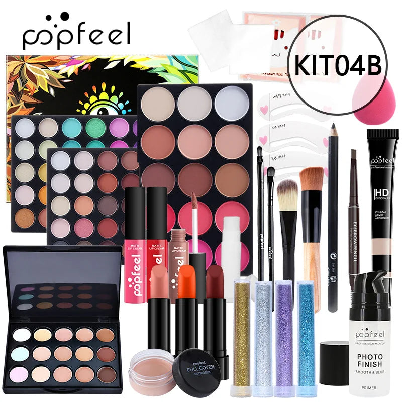 POPFEEL Lip Gloss Makeup Brush Eye Shadow Blush Liquid Foundation Puff Cosmetic Bag Eyebrow Pencil Make Up Kit