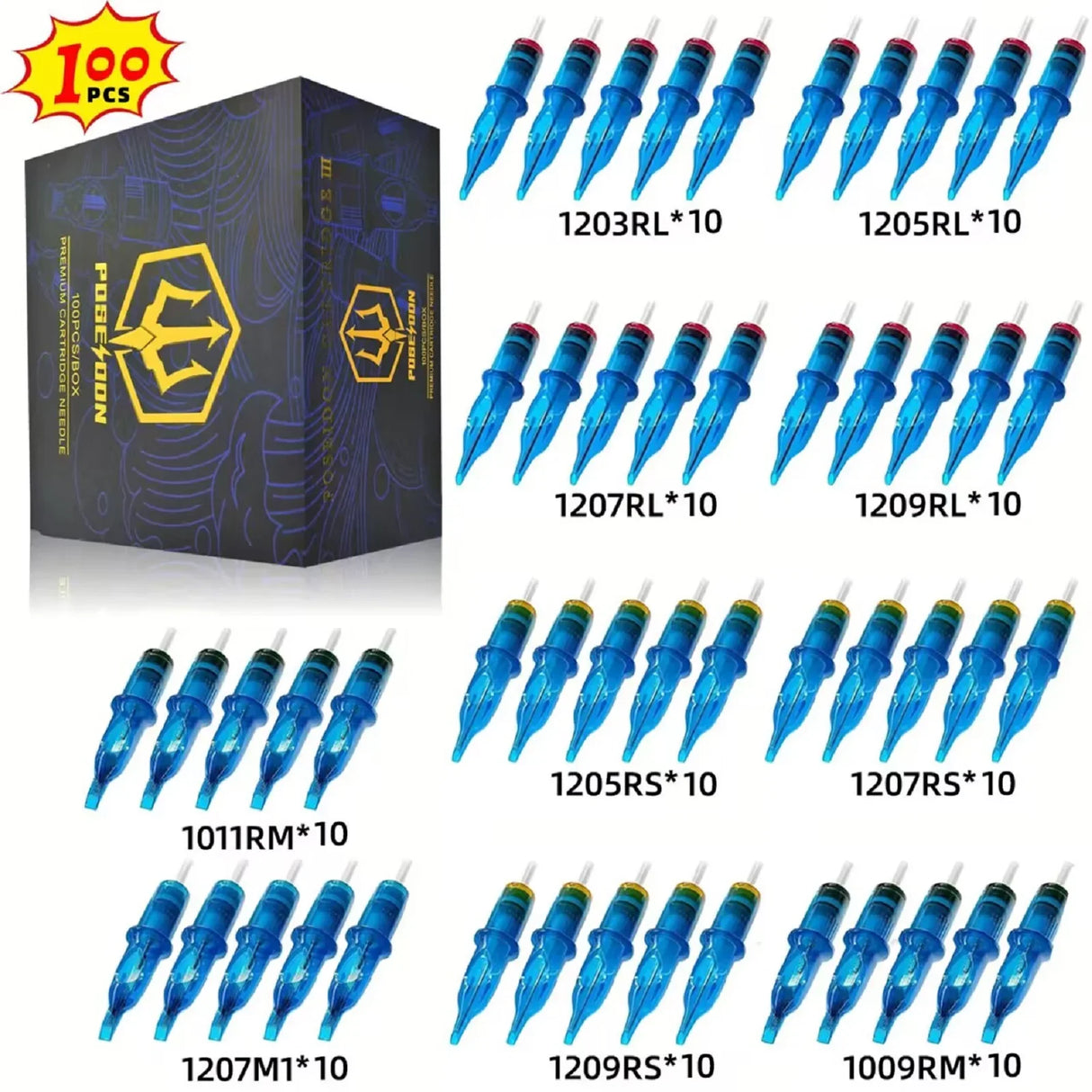 POSEIDON 100PCS Mixed Needle Professional Tattoo Cartridge Needles with Membrane Safety Cartridges Disposable Tattoo Needle