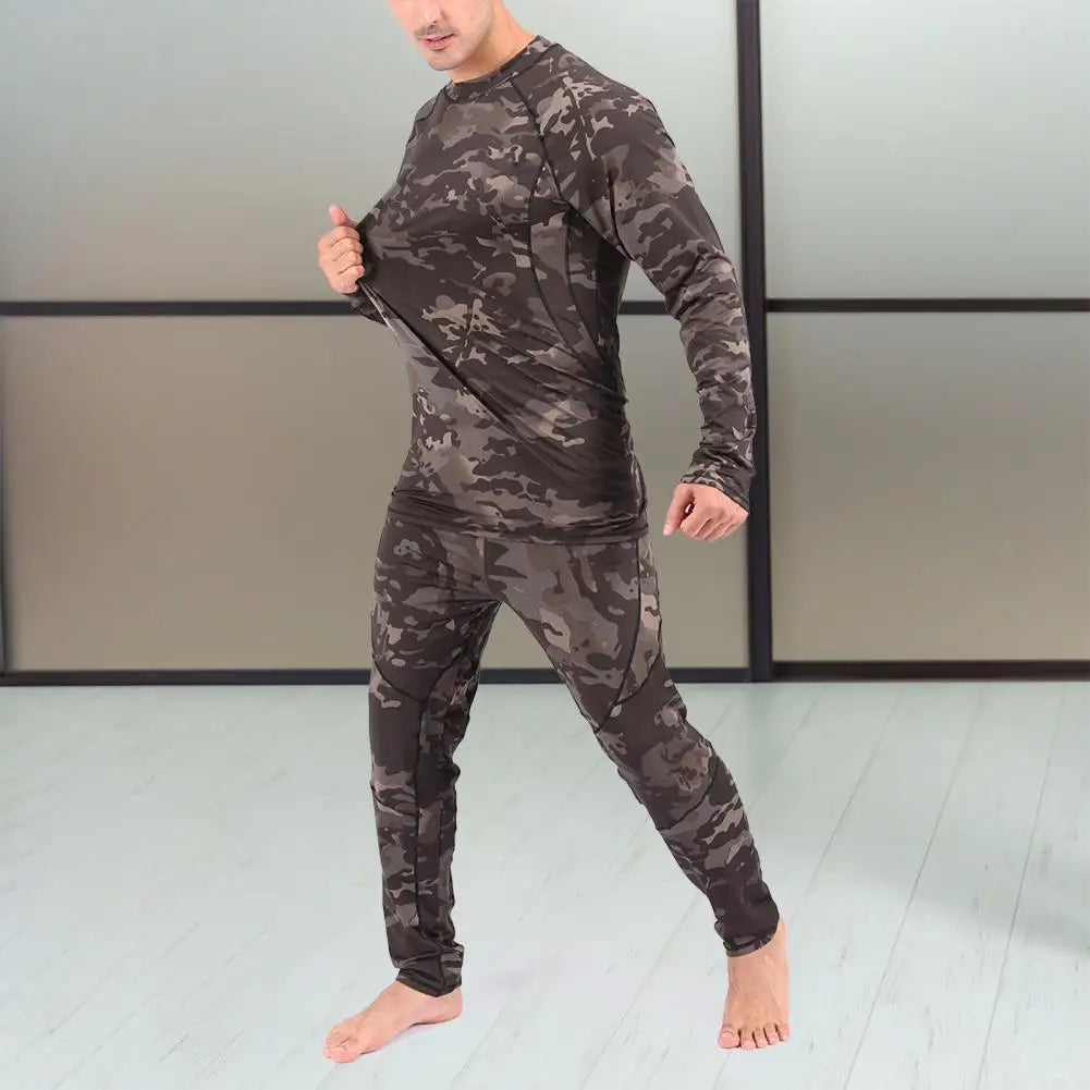 Pajama Sets Men Camouflage Print Long Sleeve Top Pants Outfit Winter Thermal Underwear Set