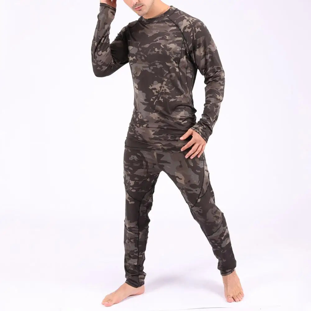 Pajama Sets Men Camouflage Print Long Sleeve Top Pants Outfit Winter Thermal Underwear Set