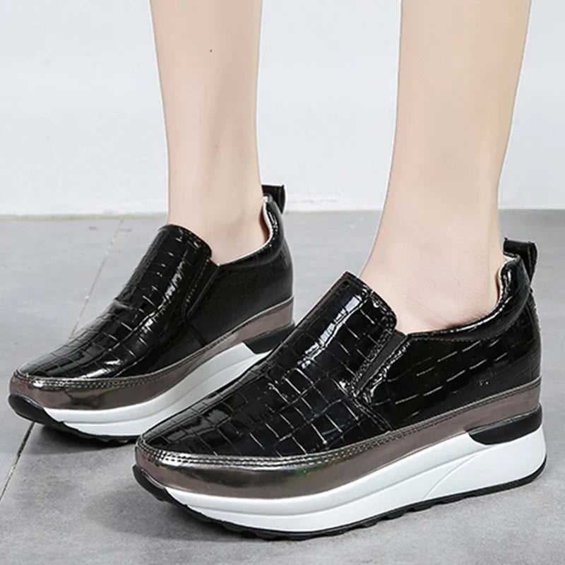 Patent Leather Chunky Platform Sneakers Women 2022 Autumn Hidden Heels Sport Shoes Woman Plus Size 43 Thick Bottom Loafers Shoes