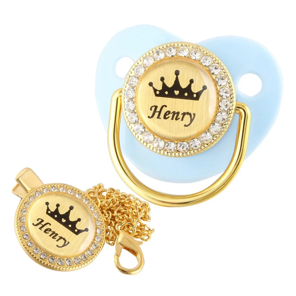 Personalised Crown Name Baby Pacifier Dummy With Chain Clip