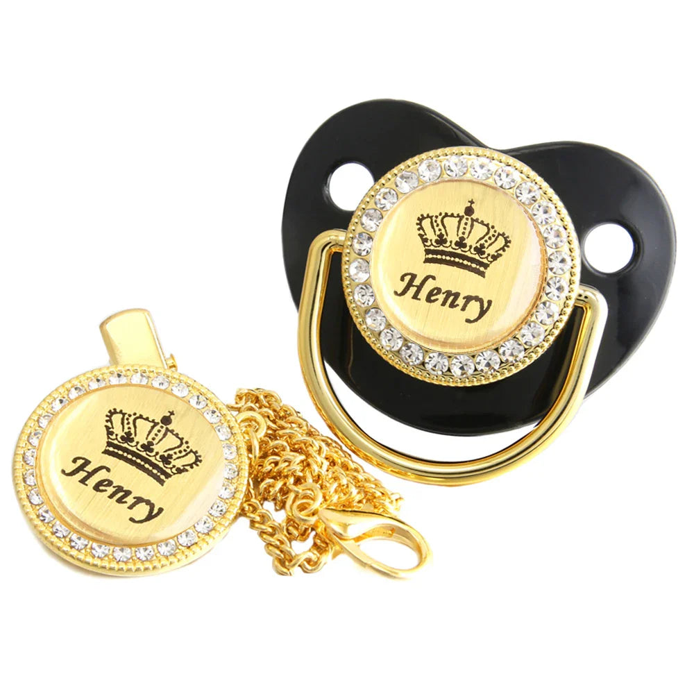 Personalised Crown Name Baby Pacifier Dummy With Chain Clip