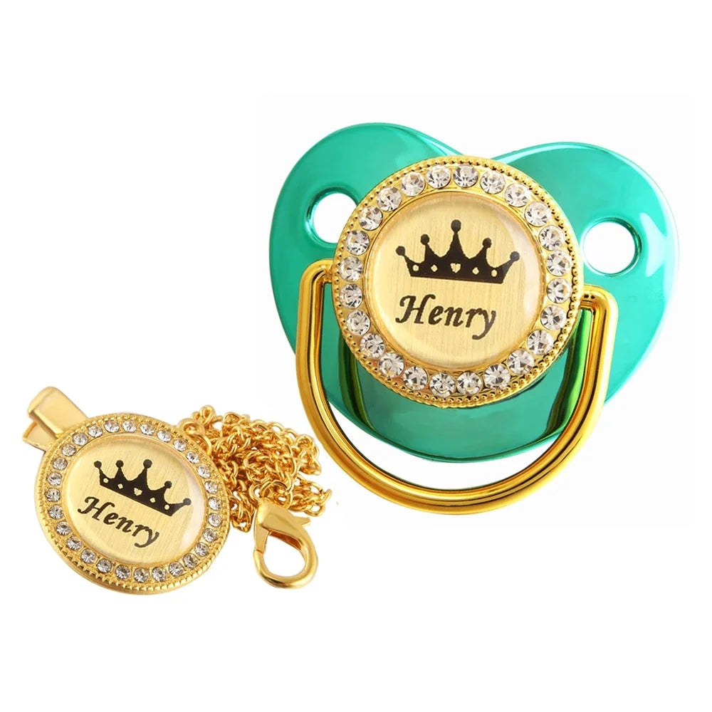 Personalised Crown Name Baby Pacifier Dummy With Chain Clip