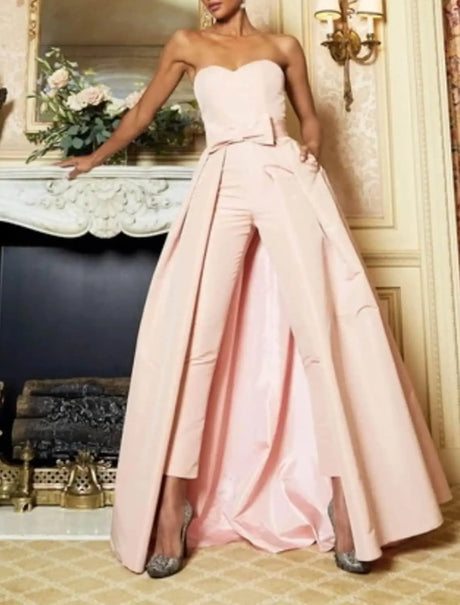 Pink Jumpsuits Evening Dresses Formal Occasion Dresses Beautiful Back Sexy Engagement Sweetheart Sleeveless Detachable Bow Train