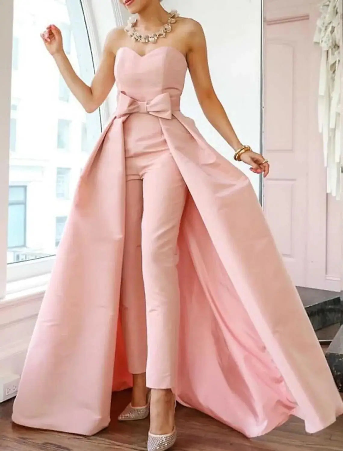 Pink Jumpsuits Evening Dresses Formal Occasion Dresses Beautiful Back Sexy Engagement Sweetheart Sleeveless Detachable Bow Train