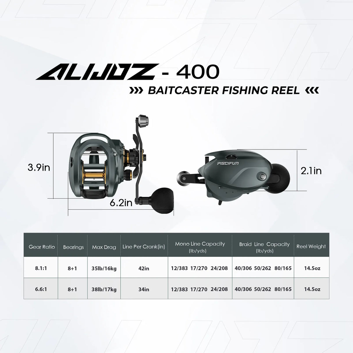 Piscifun Alijoz 400 Baitcaster Fishing Reels 38lbs Max Drag 8+1 Bearings Aluminum Frame Freshwater Saltwater Fishing Reels