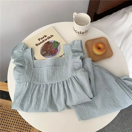 Plaid Women Pajamas Shorts Set Sleepwear Korean Kawaii Fly Sleeve Pijama Ruffles Summer Home Clothes Suit Loungewear Night Wear