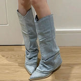 Pleats Blue Denim Thigh High Boots for Women 2024 Spring Thick Heeled Pointed Toe Cowboy Boots Woman Slip On Western Long Boots