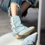 Pleats Blue Denim Thigh High Boots for Women 2024 Spring Thick Heeled Pointed Toe Cowboy Boots Woman Slip On Western Long Boots