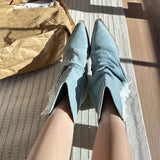 Pleats Blue Denim Thigh High Boots for Women 2024 Spring Thick Heeled Pointed Toe Cowboy Boots Woman Slip On Western Long Boots