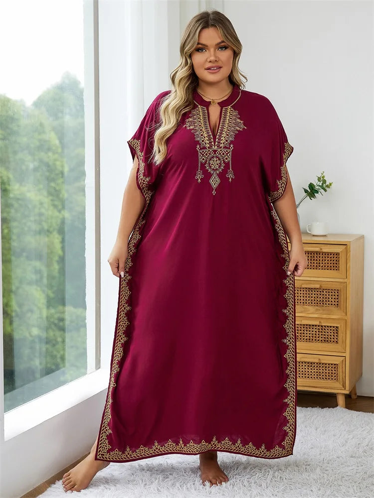 Plus Size 2024 Summer Bohemian Embroidery Sexy V Neck Kaftan Long Dress Tunic Women Clothing Beachwear Maxi Dresses Q1545