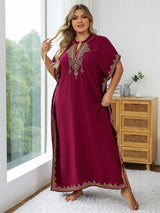 Plus Size 2024 Summer Bohemian Embroidery Sexy V Neck Kaftan Long Dress Tunic Women Clothing Beachwear Maxi Dresses Q1545