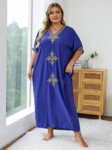 Plus Size 2024 Summer Bohemian Embroidery Sexy V Neck Kaftan Long Dress Tunic Women Clothing Beachwear Maxi Dresses Q1545