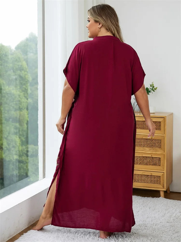 Plus Size 2024 Summer Bohemian Embroidery Sexy V Neck Kaftan Long Dress Tunic Women Clothing Beachwear Maxi Dresses Q1545