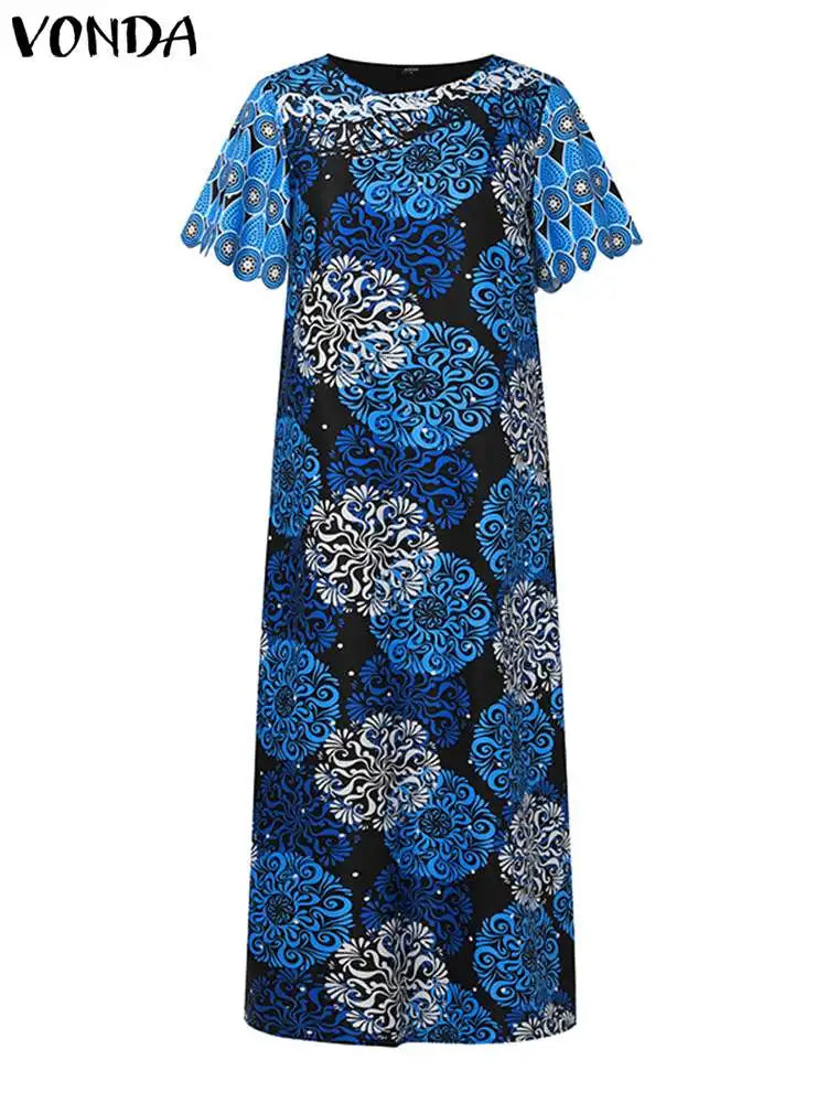 Plus Size 5XL VONDA Bohemian Printed Maxi Dress Women Summer Fashion Short Sleeve Long Sundress 2024 Elegant Casual Loose Robe