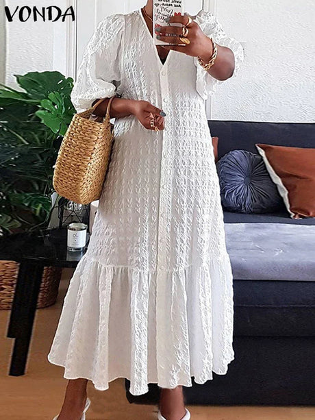 Plus Size 5XL VONDA Women Shirt Dress 2023 Summer Sexy V Neck Buttons Half Sleeve Long Maxi Vestidos Bohemian Elegant Party Robe