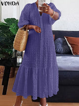 Plus Size 5XL VONDA Women Shirt Dress 2023 Summer Sexy V Neck Buttons Half Sleeve Long Maxi Vestidos Bohemian Elegant Party Robe