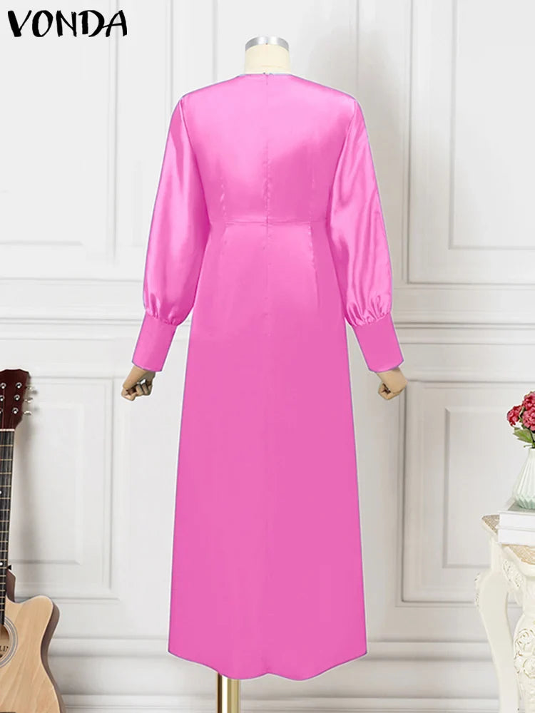 Plus Size 5XL Women Evening Dress VONDA Elegant Wedding Party Robe Fashion Autumn Casual Solid V Neck Long Sleeve Satin Sundress