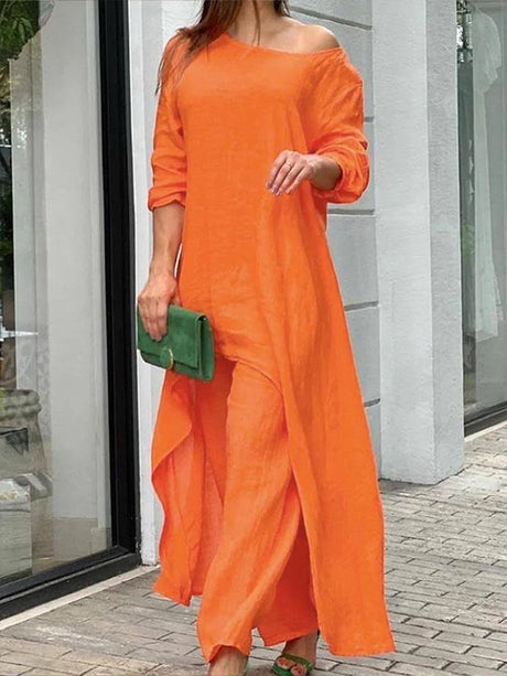 Plus Size 5XL Women's Two Piece Women's Solid Color Summer Matching Set Casual 3/4 Sleeve Irregular Crew Neck Top Set