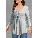 Plus Size Blouses Women Fashion Grey Rib Knit Drawstring V Neck Long Sleeve Office Work Ladies Shirts Casual Blouse Tops