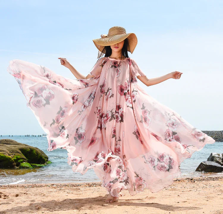 Plus Size Bohemian Beach Sundress Flying Clothing Chiffon Loose  Elegant Vestido Robes Lady Holidays Prom Long Dress Belt Which