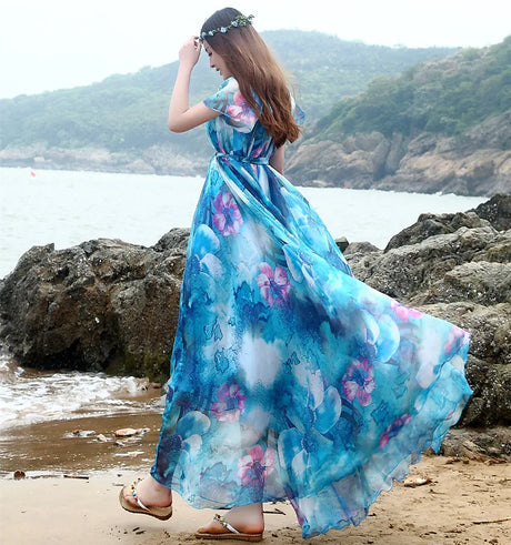 Plus Size Bohemian Beach Sundress Flying Clothing Chiffon Loose  Elegant Vestido Robes Lady Holidays Prom Long Dress Belt Which