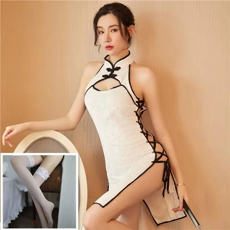 Plus Size Chinese Traditional Dress Sexy Lingerie Bandage Temptation Clothing China Style Side Slit Hollow Cheongsam Qipao