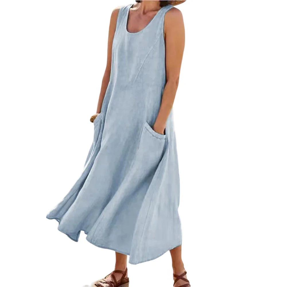 Plus Size Cotton Linen ress for Women 2023 Summer Oversized Tank Shirt Dress Solid Large Size Female Clothing Loose Long Dress