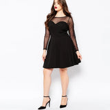 Plus Size Elegant A-line Dress Women Dot Print Long Mesh Sleeve Spring Autumn Fit And Flare Knee Length Office Party Dress 6XL