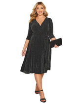 Plus Size Elegant Spring Autumn Wrap Dress Women Long Sleeve Black Glitter Cocktail Party Dress Formal Evening Night Out Dress