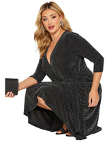 Plus Size Elegant Spring Autumn Wrap Dress Women Long Sleeve Black Glitter Cocktail Party Dress Formal Evening Night Out Dress