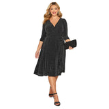 Plus Size Elegant Spring Autumn Wrap Dress Women Long Sleeve Black Glitter Cocktail Party Dress Formal Evening Night Out Dress