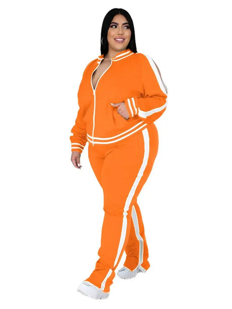 Plus Size L-5XL Two Piece Set Women Sweatsuit Zip Striped Top Slit Sweatpants Jogger Outfit Matching Set Wholesale Dropshipping