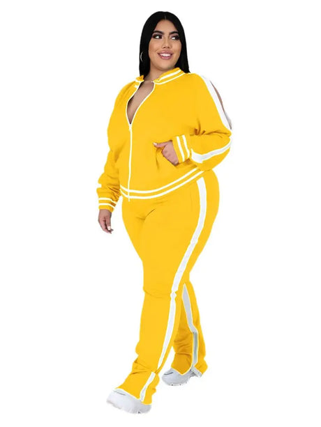 Plus Size L-5XL Two Piece Set Women Sweatsuit Zip Striped Top Slit Sweatpants Jogger Outfit Matching Set Wholesale Dropshipping