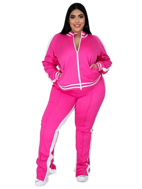 Plus Size L-5XL Two Piece Set Women Sweatsuit Zip Striped Top Slit Sweatpants Jogger Outfit Matching Set Wholesale Dropshipping